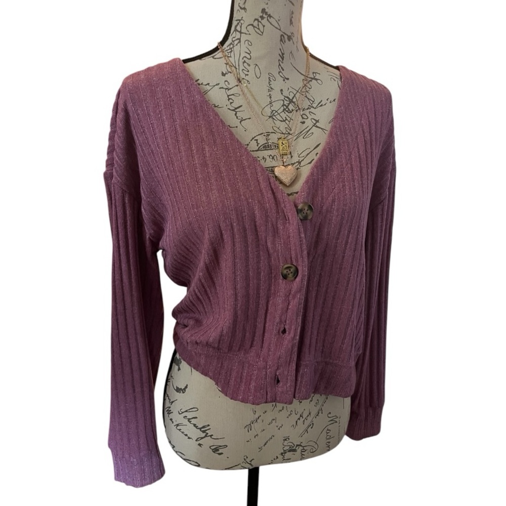 Mauve ribbed cardigan - Picture 2 of 7